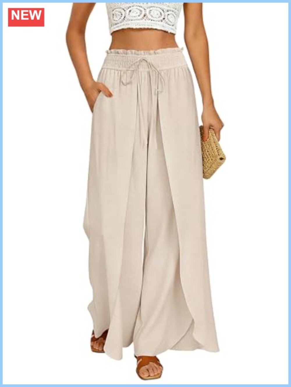 Women Linen Wide Leg Palazzo Pants Flowy High Rise Casual Summer Trousers